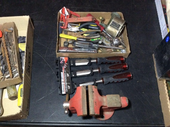 3 1/2 inch vice, new chisels and miscellaneous tools