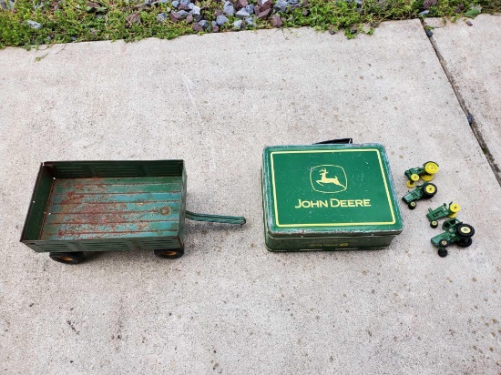 JD metal lunch box, wagon and small tractors