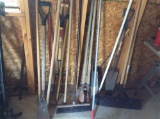 Miscellaneous hand tools, scrapers, rakes, forks, edgers, post hole diggers and ditch shovels