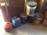 Gas and kerosene cans and 5 gallon buckets