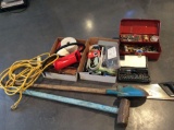 Miscellaneous tools, organizers, socket set, screwdrivers, tape measures, hooks, cords, levels Saw,