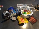 Clothes baskets, drying rack, skewers and forks, baskets, carts, clocks and raincoat