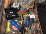 Quarter inch drive socket set, screwdrivers, wood bits, saw blades, battery and miscellaneous