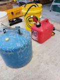 2- Gas cans, 2 grease guns, tool box w/ msc. tools