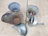 Galvanized buckets, funnel, watering can, coal bucket