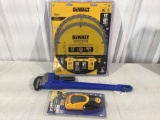 Saw blades, pipe wrench and scanner