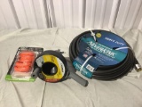 Trimmer string, pistol grip drum auger and garden hose