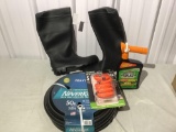 Size 12 boots, 50 foot garden hose