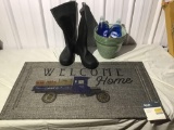 Size 12 boots, welcome home doormat, flower pots and Dawn dish soap