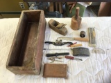 Vintage wooden box with woodworking tools
