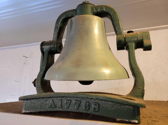 Brass 16" bell with clapper and cast iron yoke and base