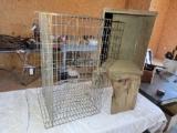 Wooden box and wooden bench and wire cage