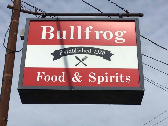 Lighted Bullfrog Food & Spirits sign