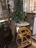 Childs wooden high chair, metal folding chair Christmas tree
