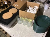 Heavy glass cups, plastic trays, cork