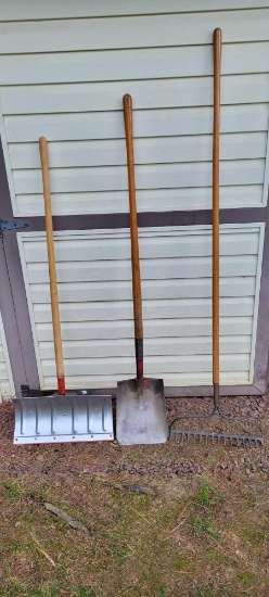 snow shovel, flat shovel and landscape rake