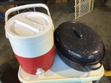 roast pan and 2 gallon water jug
