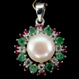 Natural Japanese Pearl Emerald Ruby White Topaz Pendant