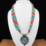 Tibet Hand Made Turquoise, Coral, Lapis Lazuli Necklace