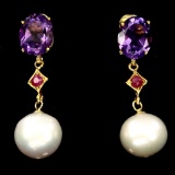 Natural Ruby Amethyst & Japanese Pearl Earings