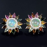 NATURAL RAINBOW WHITE OPAL & TOURMALINE EARRINGS