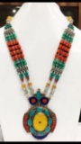 Tibet Hand Made Amber Turquoise, Coral, Lapis Lazuli Necklace