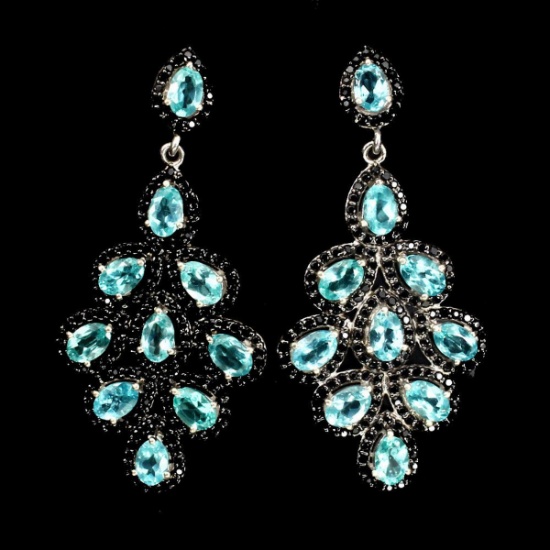 Natural Neon Blue Apatite Black Spinel Earrings