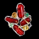 Natural Rich Red Coral Emerald Sapphire Ring