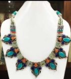 Tibet Hand Made Turquoise, Coral, Lapis Lazuli Necklace