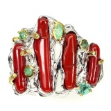 Natural 19x4mm Red Coral &  Emerald Ring