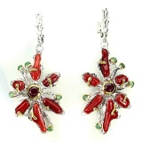 Natural Handmade Red Coral Ruby & Emerald Earrings