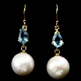Natural Swiss Blue Topaz & Japanese Pearl Earrings