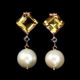 Natural 10 MM Citrine Pearl & Topaz Earrings