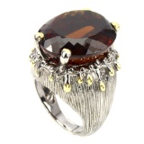Handmade Oval 23x19mm Cognac Quartz 2 Tone Ring