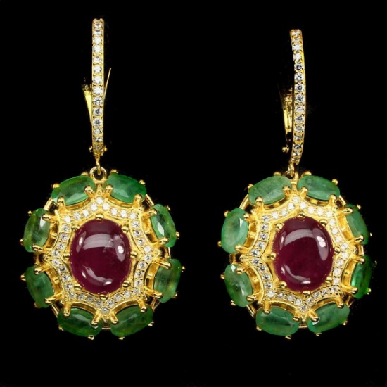 Oval Red Ruby 10x8mm Green Emerald Earrings