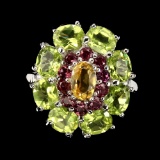 Natural Yellow Citrine Peridot Rhodolite Ring