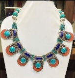 Tibet Hand Made Turquoise, Coral, Lapis Lazuli Necklace