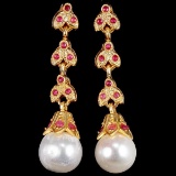 NATURAL WHITE PEARL & PINK RED RUBY Earrings