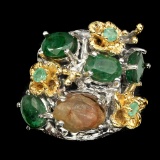 Natural Top Green Emerald & Rough Sapphire Ring