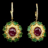 Oval Red Ruby 10x8mm Green Emerald Earrings