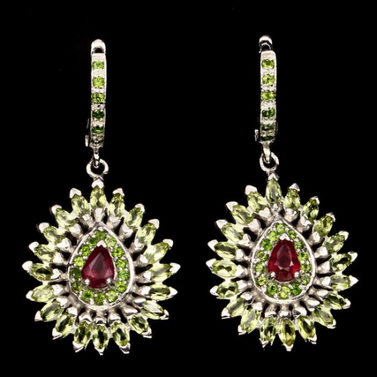 Natural Blood Red Ruby Chrome Diopside Peridot Earrings