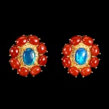 Natural Blue Opal & Italian Coral Earrings