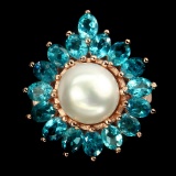 Natural Pearl & Paraiba Blue Apatite Ring