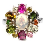 NATURAL WHITE OPAL & MULTI COLOR TOURMALINE Ring