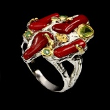 Natural Hand Made 12x5mm Red Coral Emerald Peridot Ring