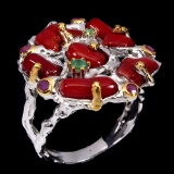 Natural Rich Red Coral Emerald Ruby 2 Tone Ring