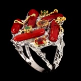 Natural Red Coral Emerald Sapphire Ring