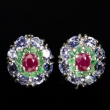 Natural Red Pink Ruby Emerald & Tanzanite Earrings