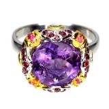 Natural Amethyst 11 MM, Multi Gems  & Emerald Ring