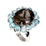 Natural  Smoky Quartz 18x15mm & Topaz Ring